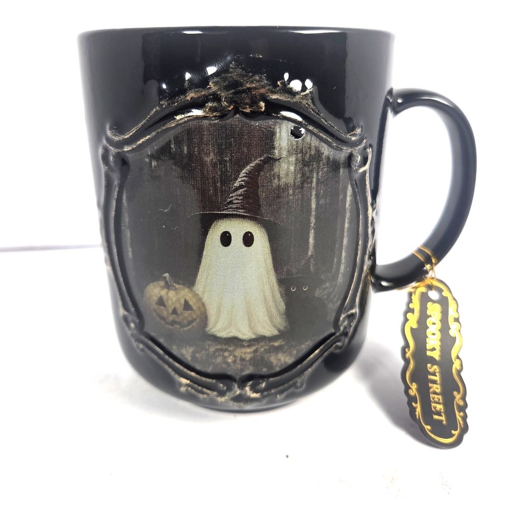 Spooky Street Ghost Witch Pumpkin Halloween Mug Black Ceramic 5 Inch Gothic